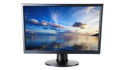 Computer monitor displaying a serene seascape with clouds and reflections