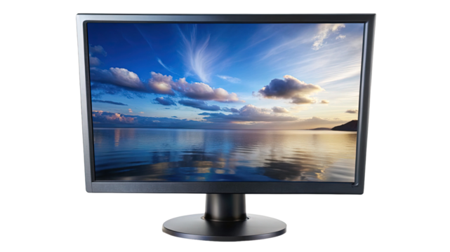Computer monitor displaying a serene seascape with clouds and reflections