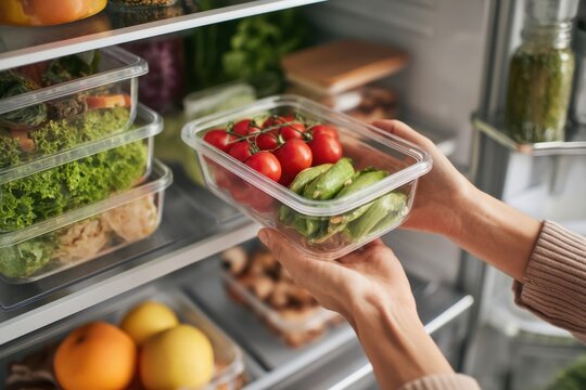 Eco-friendly containers filled with fresh leftovers in a vibrant fridge