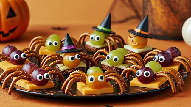 Festive Halloween spider snacks with pretzels and fruit