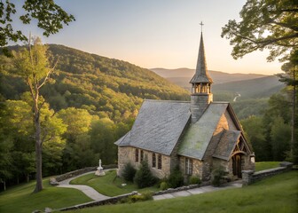 Charming stone chapel in a lush green valley at golden hour, surrounded by forested hills and tranquil countryside serenity