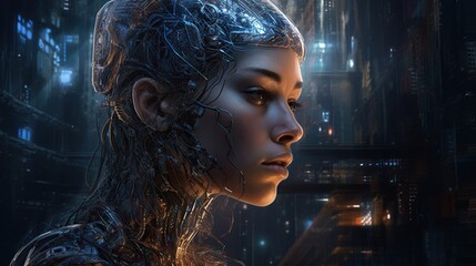 Futuristic woman with cybernetic enhancements in a city