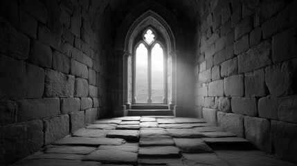 Ornate Gothic Stone Window Framing a Misty Landscape in Monochrome Hall