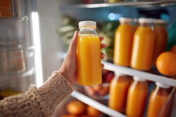 Refreshing orange juice selection in a well-stocked fridge during the day