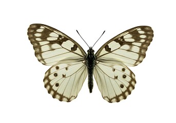 A close up of a butterfly with white and brown wings on a white background in full view shot well