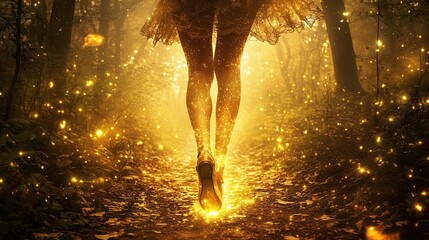 Fashionable woman in lacy stockings and stilettos strides through a glowing forest path. Her translucent legs reveal trees, leaves, and filtered sunlight in a hyper-realistic double exposure style.