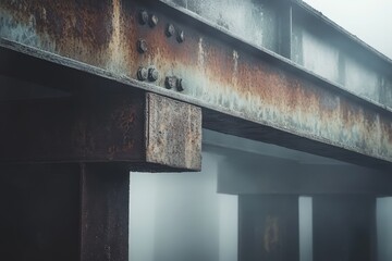 Fototapeta premium Close up of weathered metal beams in foggy weather.