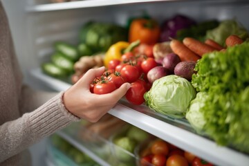 Woman selecting fresh vegetables from an overflowing fridge full of colorful produce