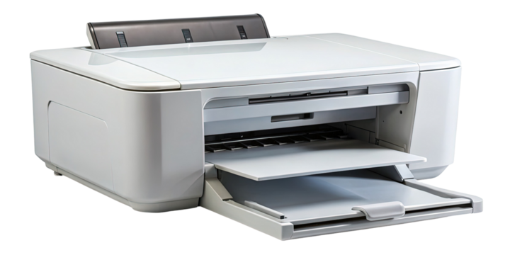 A modern white office printer with an open paper tray on black