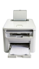 A clean and pristine white printer against a black background showing paper