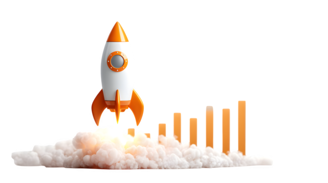 A vibrant orange rocket launching through white clouds towards ascending orange bars symbolizing growth and success in business and technology.