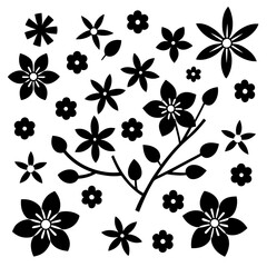 A 4x5 grid of 20 cherry blossom icons in various shades and styles, including single flowers, blooming branches, and buds, with some featuring  leaves, all set against a white background