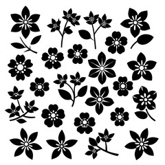 A 4x5 grid of 20 cherry blossom icons in various shades and styles, including single flowers, blooming branches, and buds, with some featuring  leaves, all set against a white background