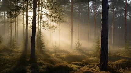 Golden sunrise in a misty pine forest