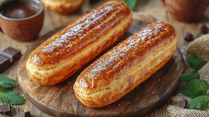 Two golden pastries, dusted with sugar, rest on a wooden board