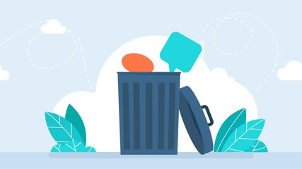 Throw bad talk into the trash, stop bad conversation. Concept of influence, influencer, struggle, propaganda. Throwing away problems, getting rid of mistakes or bad thoughts. 2d flat animation	