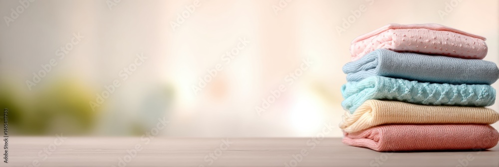 Aufkleber Neatly Stacked Baby Clothes Adding a Cozy Touch to a Soft, Blurred Background in a Nursery Generative AI