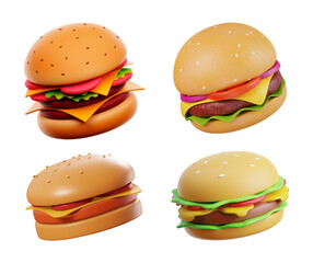Colorful 3D Cartoon Hamburger Set with Cheese, Lettuce, Tomato, and Onion