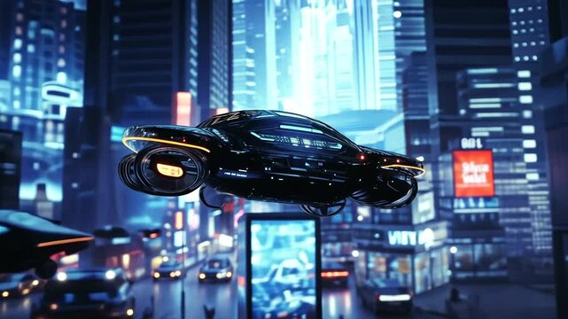 Futuristic cityscape with hovering cars amidst neon lights and bustling urban life at night