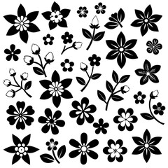 A 4x5 grid of 20 cherry blossom icons in various shades and styles, including single flowers, blooming branches, and buds, with some featuring  leaves, all set against a white background