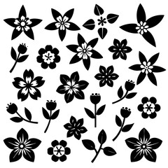A 4x5 grid of 20 cherry blossom icons in various shades and styles, including single flowers, blooming branches, and buds, with some featuring  leaves, all set against a white background