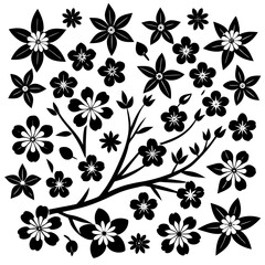 A 4x5 grid of 20 cherry blossom icons in various shades and styles, including single flowers, blooming branches, and buds, with some featuring  leaves, all set against a white background