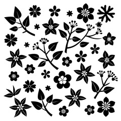 A 4x5 grid of 20 cherry blossom icons in various shades and styles, including single flowers, blooming branches, and buds, with some featuring  leaves, all set against a white background