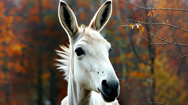 White donkey portrait against an autumn backdrop