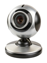 Isolated webcam with circular design in silver and black with focus lens