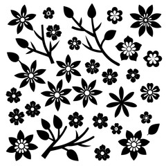 A 4x5 grid of 20 cherry blossom icons in various shades and styles, including single flowers, blooming branches, and buds, with some featuring  leaves, all set against a white background