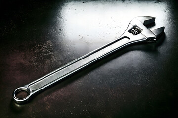 Adjustable Chrome Wrench on Dark Industrial Surface – Close-Up Tool Photo