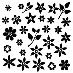 A 4x5 grid of 20 cherry blossom icons in various shades and styles, including single flowers, blooming branches, and buds, with some featuring  leaves, all set against a white background