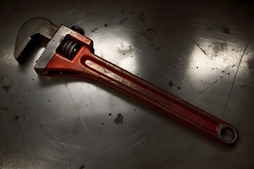 Old Red Pipe Wrench on Metal Surface – Vintage Industrial Tool Close-Up