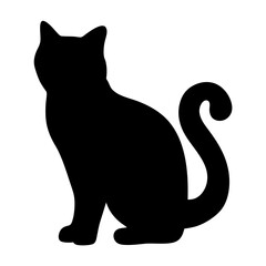 A simple black silhouette of a sitting cat with curled tail