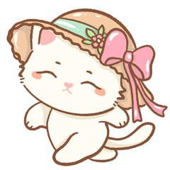 kawaii white cat wears a flowery pink ribbon sun hat
Hand drawn illustration pink summer pastel color isolated on transparent background, nursery decorations, summer
