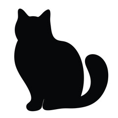 Elegant black cat silhouette sitting calmly with fluffy tail curled up