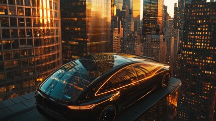 Luxury electric car parked on a rooftop overlooking a vibrant urban skyline at sunset