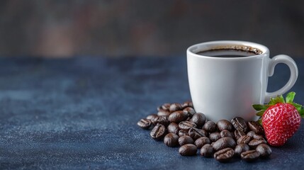 A savory cup of coffee with fresh coffee beans and a vibrant strawberry