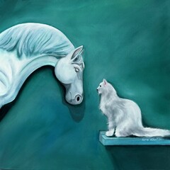 white horse on blue background