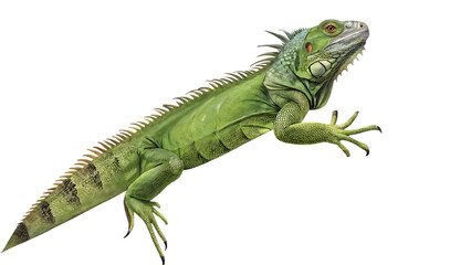 Obraz premium green full body iguana lying on a tree branch on white background PNG. AI GENERATED