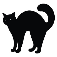 Halloween black cat silhouette with arched back and glowing eyes illustration