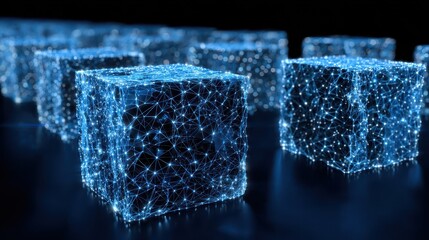 Abstract design of interconnected cubes in a dark background.