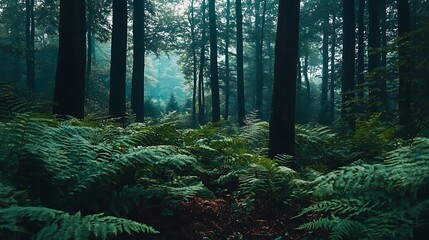 Lush fern-filled forest scene in misty ambiance.