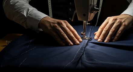 A skilled tailor meticulously sews fabric using a sewing machine