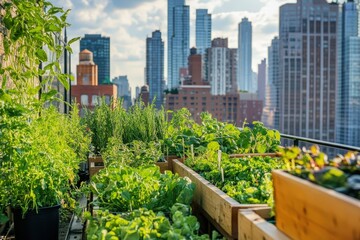 Fototapeta premium Urban rooftop garden with city view, lush and green.