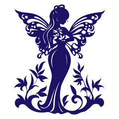 Elegant black silhouette of a fairy with floral dress, holding a flower, and butterfly wings on light blue background. Whimsical and enchanting vector illustration