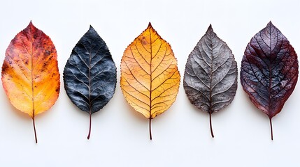 Five colorful fall leaves showing the stages of decay and decomposition