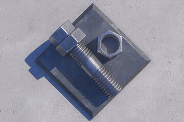 Industrial Bolt and Nut on Metal Plate with Shadow – Top View Isolated