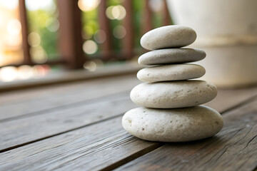 Balanced Zen Stones Stacked on Wooden Deck Outdoors – Peace and Mindfulness Concept