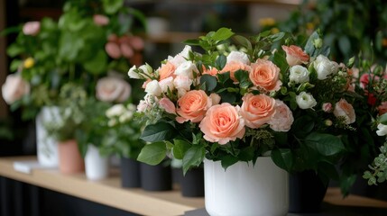 delicate bouquet of peach roses in a white box